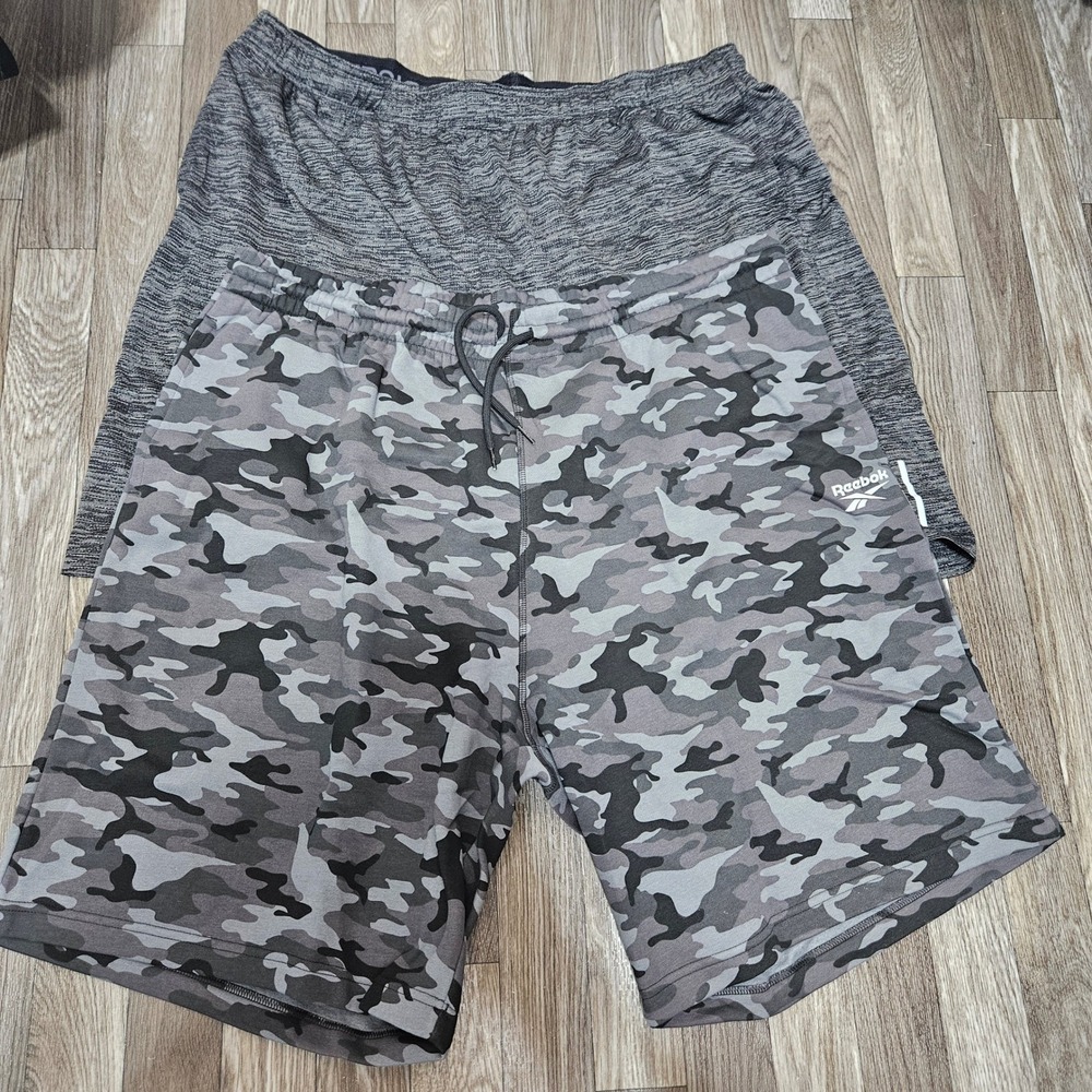 Lot of 2 Mens shorts Reebok Camo & Grey Heathered Athletic Gym outdoor 
READ